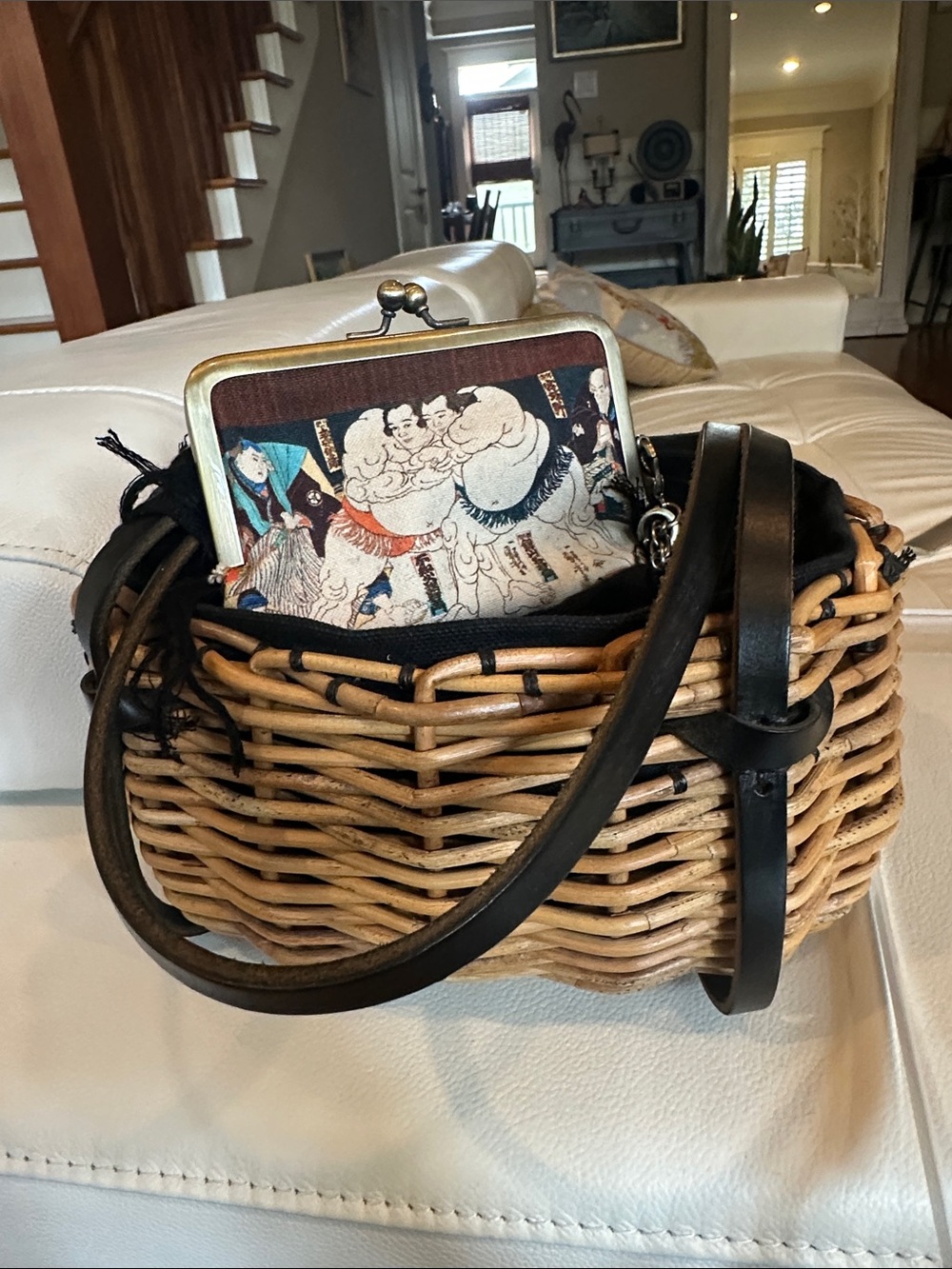 Woven Rattan Crossbody Bag with Black Leather Strap - Natural & Black